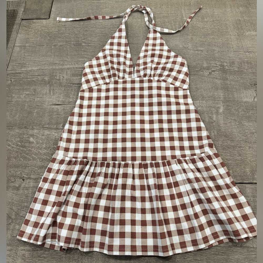 Free People Brown Gingham Halter Mini Dress | Cottagecore | NWT | Size M